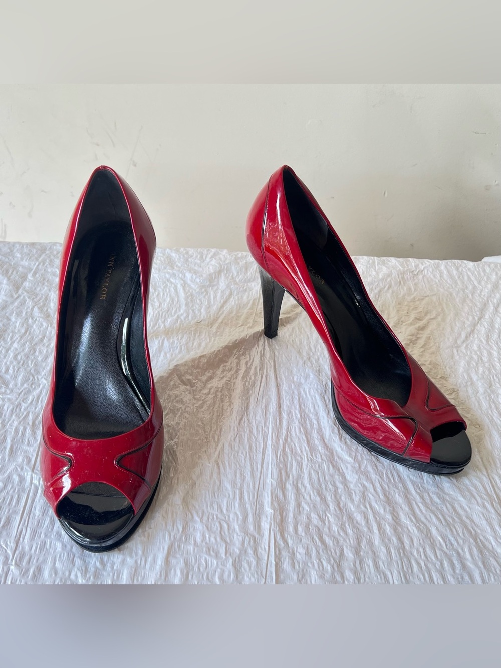 Ann Taylor Red & Black Patent Peep-Toe Heels